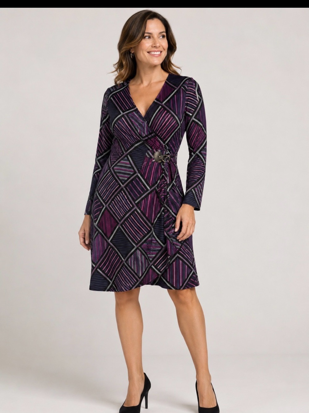 NY Collection Black and Purple Geometric Wrap Dress